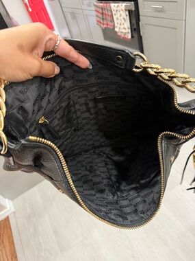 Michael Kors Black Leather Shoulder Bag with Gold Chain Trim